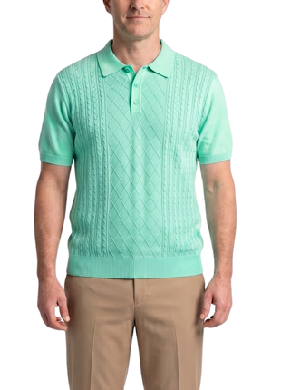 Lavane N.Y. Mens Mint Green Diamond Knit Short Sleeve Polo Sweater Shirt