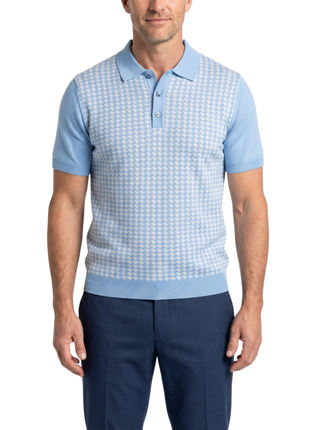 Lavane N.Y. Mens Sky Blue Houndstooth Knit Short Sleeve Polo Sweater Shirt