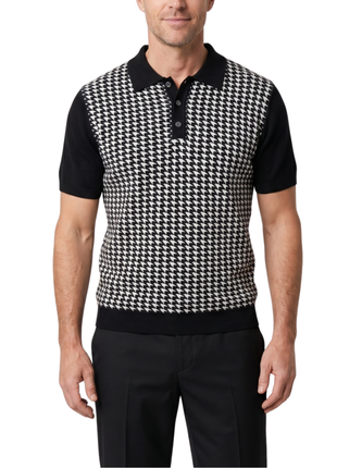 Lavane N.Y. Mens Black Houndstooth Knit Short Sleeve Polo Sweater Shirt