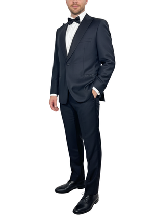Brioni Mens Solid Black Fully-Canvassed Peak Lapel Classic Fit 1-Button Wool Tuxedo with Grosgrain Trim - 46L