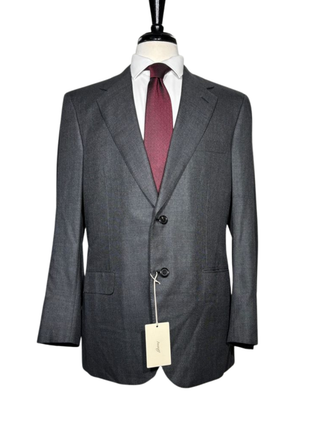 Brioni Mens Charcoal Textured Fully-Canvassed Notch Lapel Classic Fit 2-Button Wool Silk Blend Suit with Asymmetric Pockets - 42L