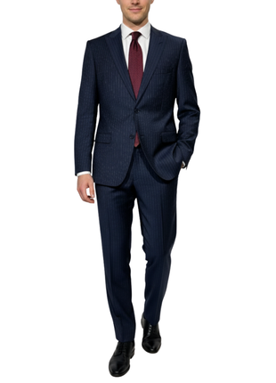 Versace Collection Mens Navy Multi-Pinstripe Peak Lapel Classic Fit 2-Button Wool Suit - 44R