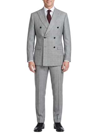 Brioni Mens Light Gray Glen Plaid Fully-Canvassed Peak Lapel Slim Fit Double Breasted Wool Suit  - 38R