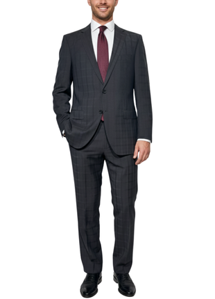 Bartorelli Napoli Mens Dark Charcoal Windowpane Notch Lapel Slim Fit 2-Button Wool Suit  - 44L