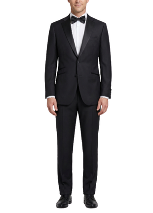 Napoli Mens Solid Black Notch Lapel Slim Fit 2-Button Wool Cashmere Tuxedo with Ticket Pocket - 42L