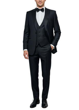 Corneliani Mens Black Textured Fully-Canvassed Peak Lapel Slim Fit 3-Piece Wool Tuxedo - 44R
