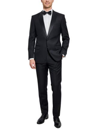 Versace Collection Mens Black Textured Satin Peak Lapel Classic Fit Stretch 2-Button Wool Blend Tuxedo - 44L