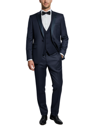 Corneliani Mens Solid Navy Fully-Canvassed Peak Lapel Slim Fit 3-Piece Wool Tuxedo - 42R