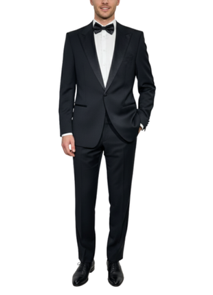 Hugo Boss Mens Solid Black Satin Peak Lapel Classic Fit 1-Button Wool Tuxedo - 42S