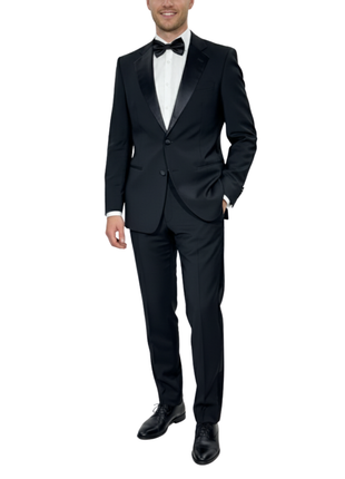 Giorgio Armani Mens Solid Black Fully-Canvassed Satin Notch Lapel Slim Fit 2-Button Wool Tuxedo - 40L