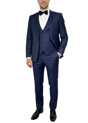 Corneliani Mens Solid Navy Fully-Canvassed Shawl Lapel Slim Fit 3-Piece Wool Tuxedo - 38S