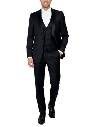 Corneliani Mens Solid Black Fully-Canvassed Shawl Lapel Classic Fit 3-Piece Wool Tuxedo - 38R