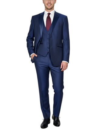 Corneliani Mens Blue Geometric Texture Fully-Canvassed Peak Lapel Slim Fit 3-Piece Wool Tuxedo - 44R