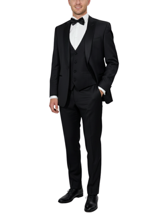 Corneliani Mens Solid Black Fully-Canvassed Peak Lapel Slim Fit 3-Piece Wool Tuxedo - 42R