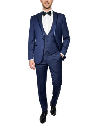 Corneliani Mens Solid Navy Fully-Canvassed Peak Lapel Slim Fit 3-Piece Wool Tuxedo Suit - 36R