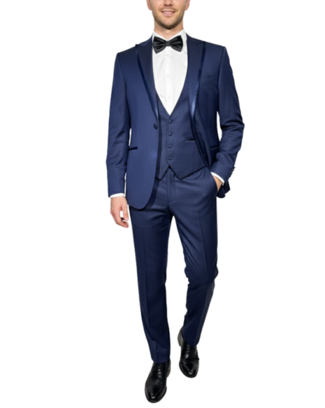 Corneliani Mens Solid Navy Fully-Canvassed Peak Lapel Slim Fit 3