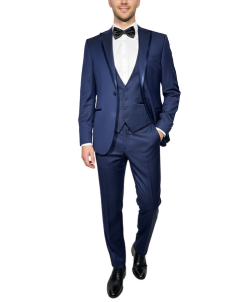 Corneliani Mens Solid Navy Fully-Canvassed Peak Lapel Slim Fit 3