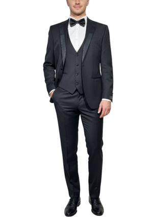 Corneliani Mens Solid Black Fully-Canvassed Satin Split Peak Lapel Slim Fit 3-Piece Wool Tuxedo - 36R