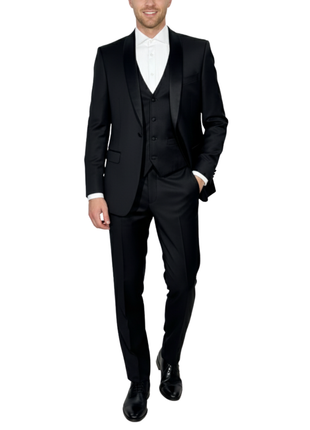Corneliani Mens Solid Black Fully-Canvassed Shawl Lapel Slim Fit 3-Piece Wool Tuxedo - 42R