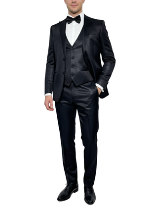 Corneliani Mens Solid Black Fully-Canvassed Peak Lapel Slim Fit 3-Piece Wool Silk Tuxedo - 40R