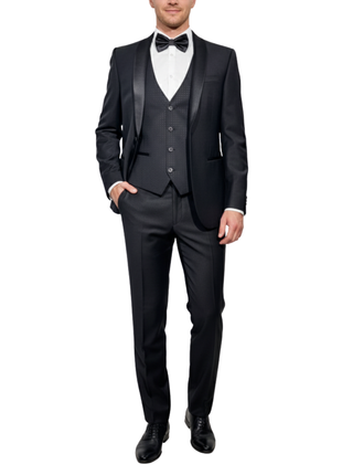 Corneliani Mens Black Mixed Pattern Fully-Canvassed Shawl Lapel Slim Fit 3-Piece Wool Tuxedo - 38R