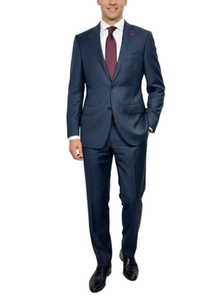 Isaia Mens Blue Windowpane Fully-Canvassed Notch Lapel Classic Fit 2-Button Wool Suit - 40R