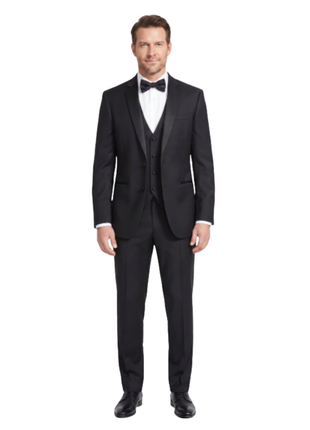 Corneliani Mens Solid Black Fully-Canvassed Shawl Lapel Classic Fit 3-Piece Wool Tuxedo - 38R