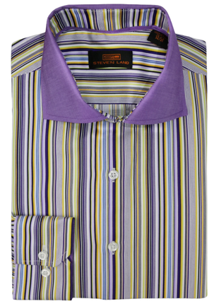 Steven Land Lilac Multi-Stripe Contrast Spread Collar Barrel Cuff Cotton Dress Shirt