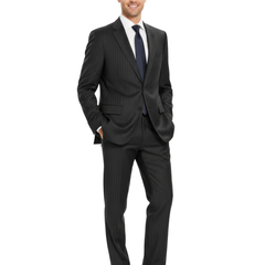 Armani Collezioni Black Pinstriped Notch Lapel Wool 2-Button Suit - 46R - The Suit Depot