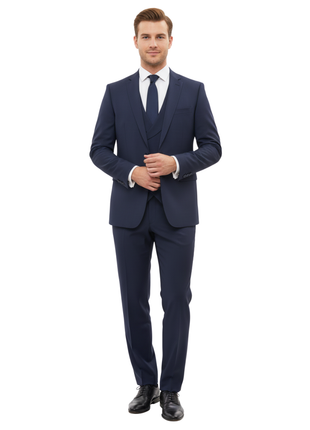Canali Solid Navy 3-piece 100% Wool Suit 38R
