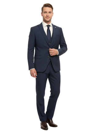 Canali Solid Navy 3-piece 100% Wool Suit 42R