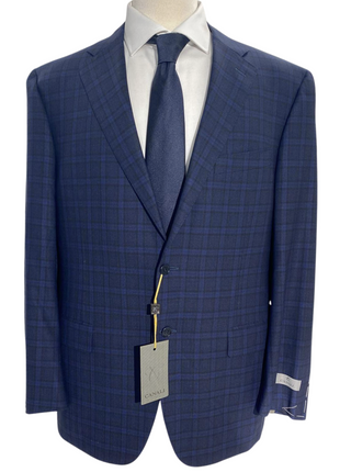 Canali Navy Blue Windowpane Plaid Notch Lapel 100% Wool 2 Button Suit 44L