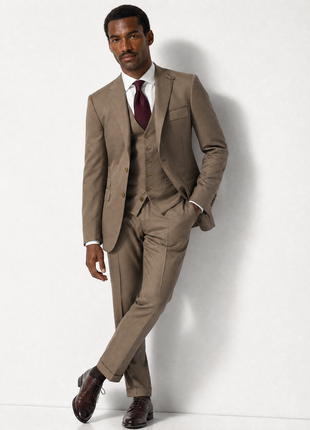 Ralph Lauren Purple Label Solid Brown Notch Lapel Slim Fit 3-Piece Silk Suit - 38R