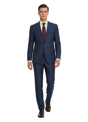 Armani Collezioni S-Line Blue With Burgundy Pinstriped Notch Lapel Wool 2-Button Suit - 36R