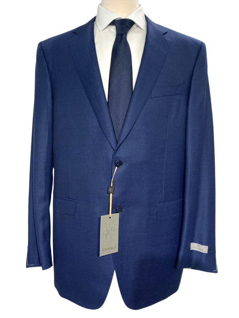 Canali Navy Blue Textured Notch Lapel 100% Wool 2 Button Suit 46L