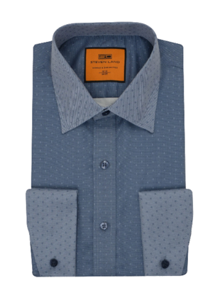 Steven Land Blue Micro Geometric Regular Fit Spread Collar Wrinkle & Shrink Free Cotton Dress Shirt - The Suit Depot