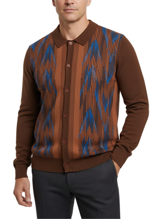 Cigar Couture Mocha Arrow Jacquard Button Down Spread Collar Sweater