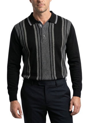 Cigar Couture Black Chevron Three Button Spread Collar Wool Blend Sweater
