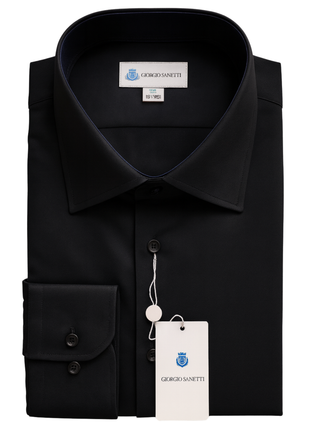 Giorgio Sanetti Solid Black Barrel Cuff Spread Collar Bamboo Stretch Dress Shirt