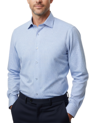 Proper Shirtings Cadet Blue Grid Windowpane Slim Fit Cotton Spread Collar Wrinkle Free Dress Shirt - The Suit Depot