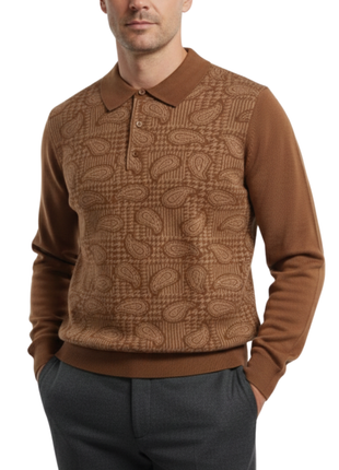 Cigar Couture Taupe Paisley Three Button Spread Collar Wool Blend Sweater