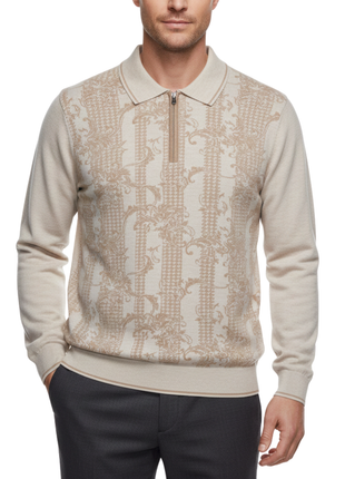 Cigar Couture Cream Baroque Scroll Quarter Zip Spread Collar Wool Blend Sweater