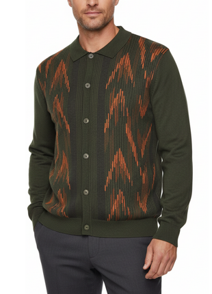 Cigar Couture Olive Arrow Jacquard Button Down Spread Collar Sweater