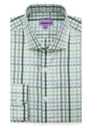 Ferrecci Green Plaid Slim Fit Cutaway Collar Cotton Dress Shirt - The Suit Depot