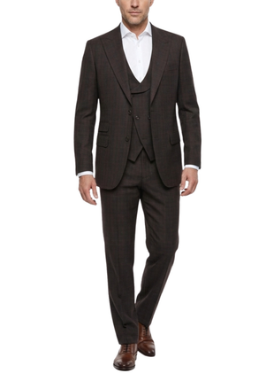 Apollo King Mens Brown Windowpane Classic Fit Peak Lapel Wool 3 Piece Suit