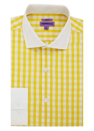 Ferrecci Yellow Gingham Slim Fit Cutaway Collar Cotton Dress Shirt - The Suit Depot