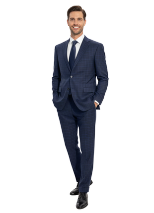 Canali Navy Blue Windowpane Plaid Notch Lapel 100% Wool 2 Button Suit 44L