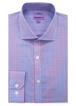 Ferrecci Blue Micro Check Slim Fit Cutaway Collar Cotton Dress Shirt - The Suit Depot