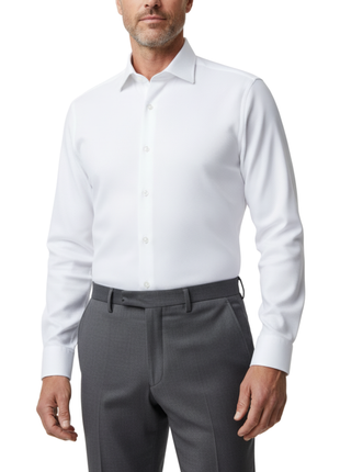 Mens White Waffle Weave Texture Contemporary Fit Cotton Blend Stretch Spread Collar Dress Shirt
