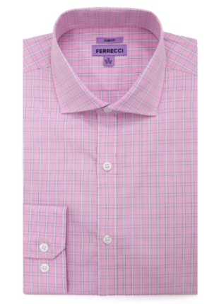 Ferrecci Pink Windowpane Check Slim Fit Cutaway Collar Cotton Dress Shirt - The Suit Depot